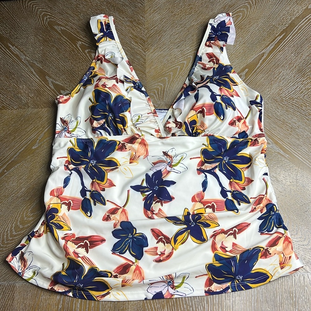 SIMPLY FIT SEIMWEAR Plus Size Ruffle Tankini in Evening Sand Print 3X